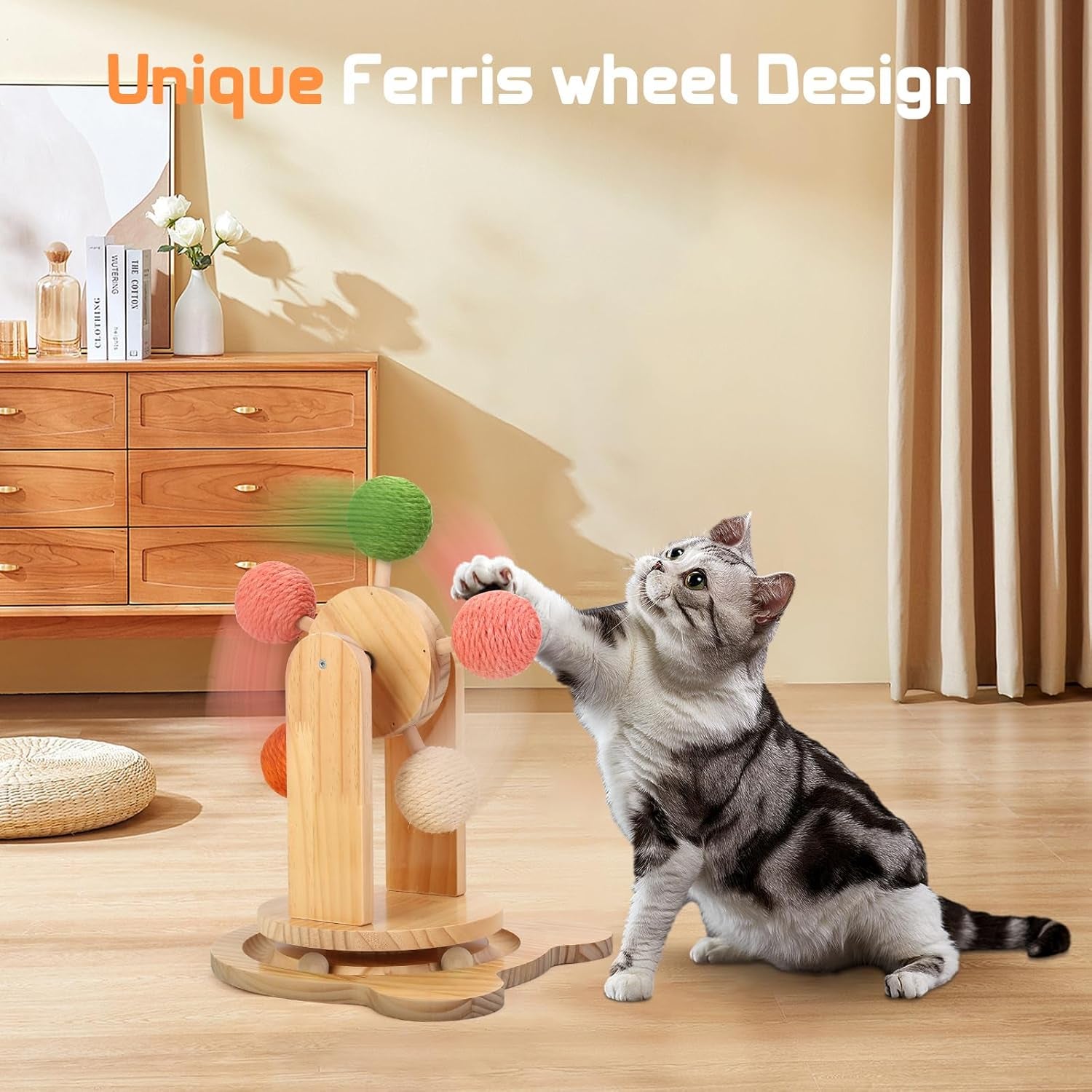 Cat Wheels for Indoor Cat,2-In-1 Cat Toy Ball Track,Interactive Cat Scratching Ball Toy Cat Scratcher Ball Solid Wooden Base