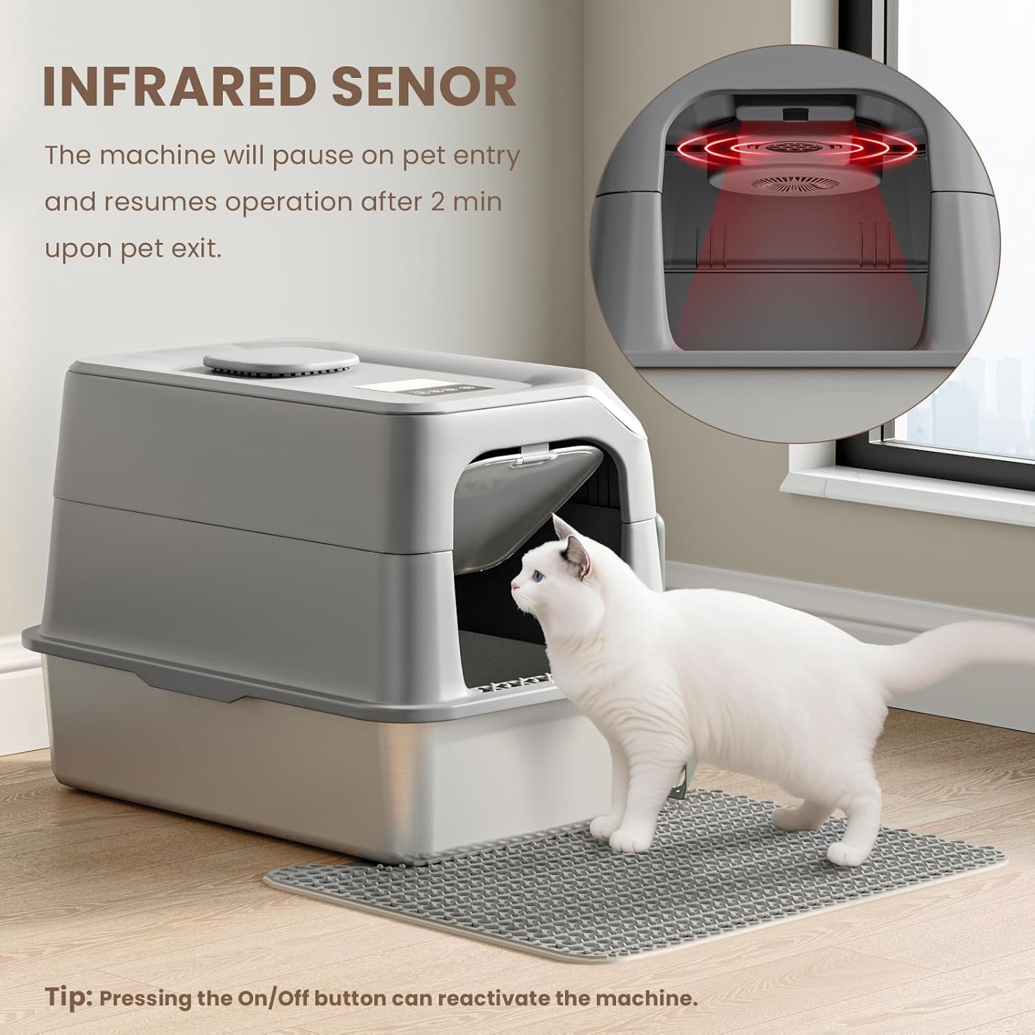 Stainless Steel Litter Box with Odor Removal Smart,Large Cat Litter Box with Lid 23.7"*16.1"*16.8" Covered Metal Litter Tray with Litter Mat and Scoop Enclosure Anti-Leakage Non-Sticky