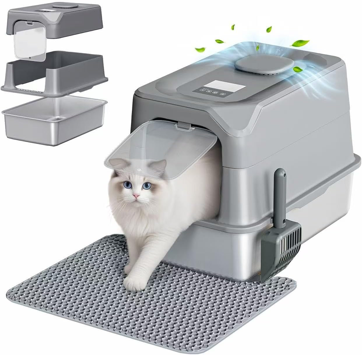 Stainless Steel Litter Box with Odor Removal Smart,Large Cat Litter Box with Lid 23.7"*16.1"*16.8" Covered Metal Litter Tray with Litter Mat and Scoop Enclosure Anti-Leakage Non-Sticky