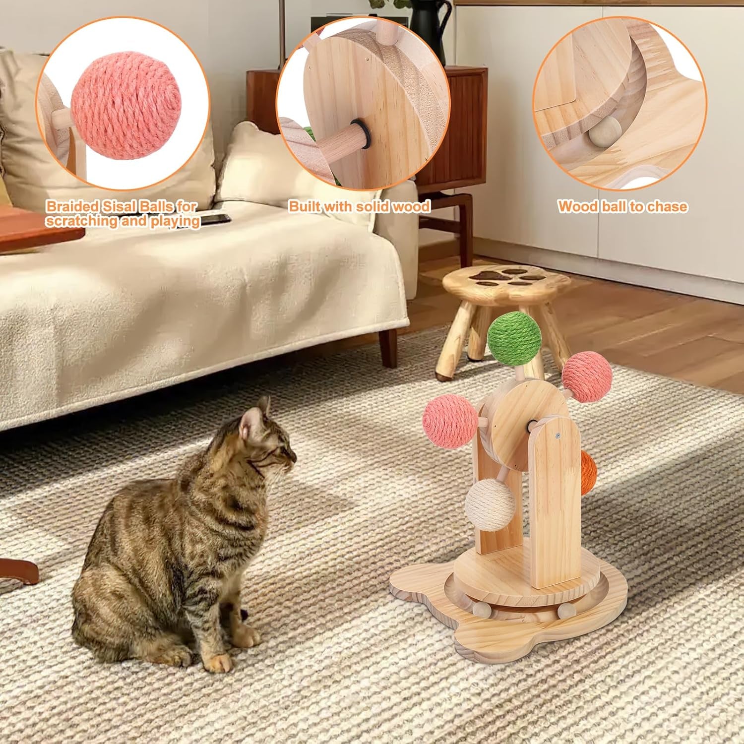 Cat Wheels for Indoor Cat,2-In-1 Cat Toy Ball Track,Interactive Cat Scratching Ball Toy Cat Scratcher Ball Solid Wooden Base