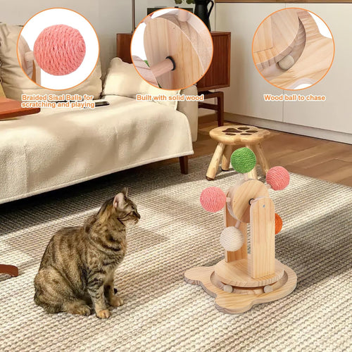 Cat Wheels for Indoor Cat,2-In-1 Cat Toy Ball Track,Interactive Cat Scratching Ball Toy Cat Scratcher Ball Solid Wooden Base