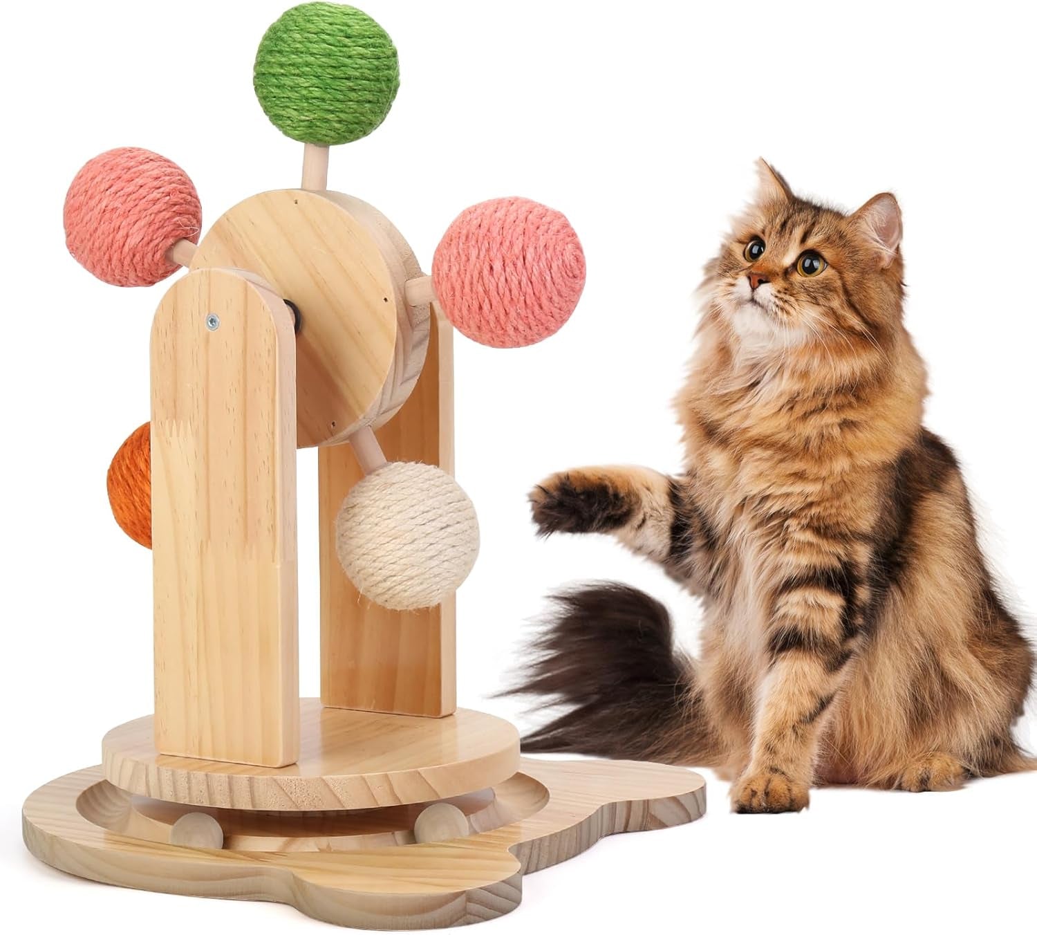 Cat Wheels for Indoor Cat,2-In-1 Cat Toy Ball Track,Interactive Cat Scratching Ball Toy Cat Scratcher Ball Solid Wooden Base