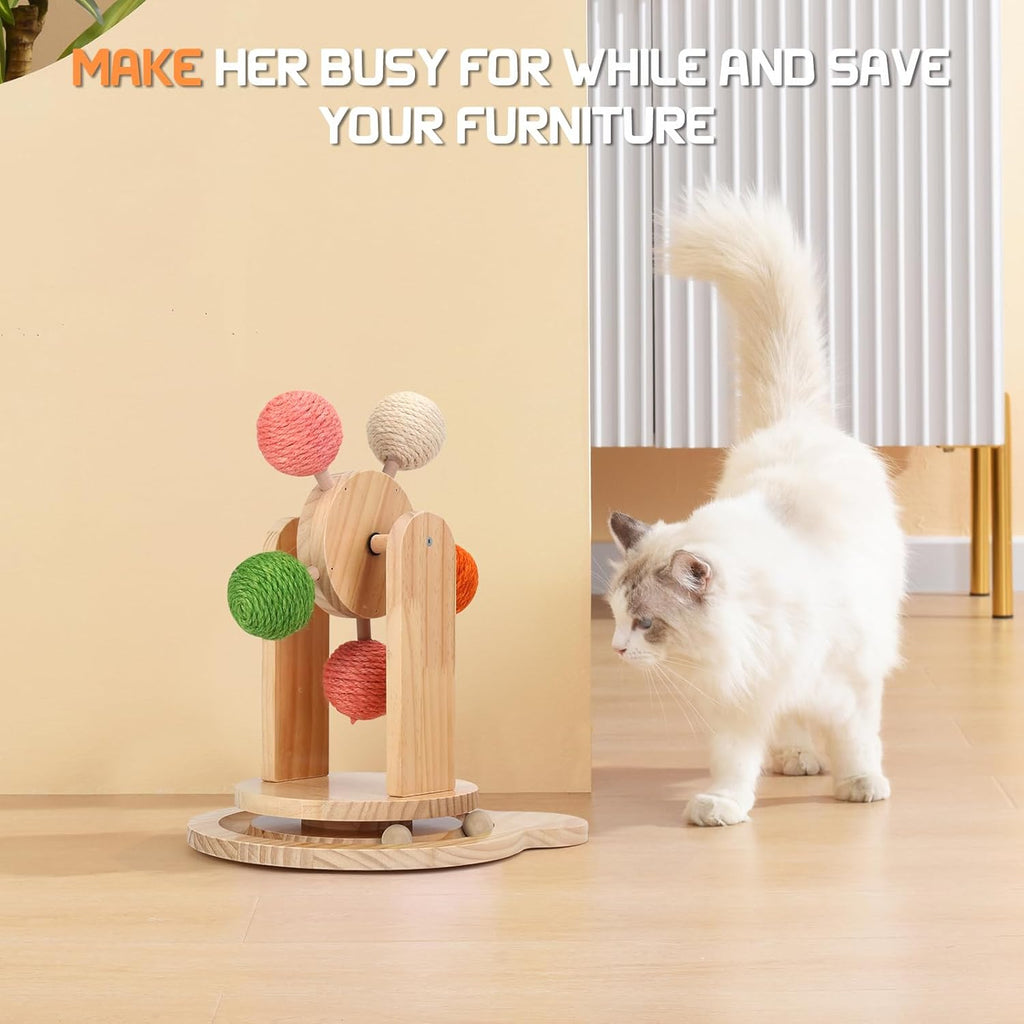 Cat Wheels for Indoor Cat,2-In-1 Cat Toy Ball Track,Interactive Cat Scratching Ball Toy Cat Scratcher Ball Solid Wooden Base