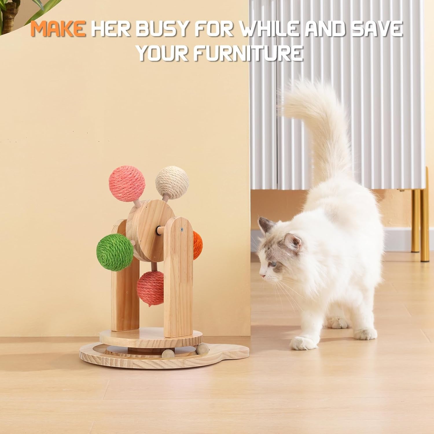 Cat Wheels for Indoor Cat,2-In-1 Cat Toy Ball Track,Interactive Cat Scratching Ball Toy Cat Scratcher Ball Solid Wooden Base