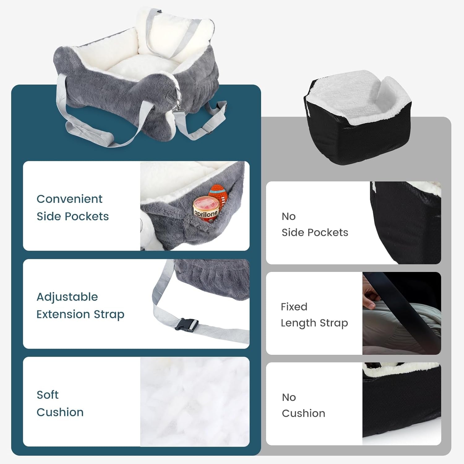 Dog Car Seats for Small Dogs and Cats with Leash, Dog Seat for SUV, Truck with Bone Decor & Plush Cushion, Travel Safety Dog Booster Car Seat with Side Pocket, Washable Detachable Pet Car Seat
