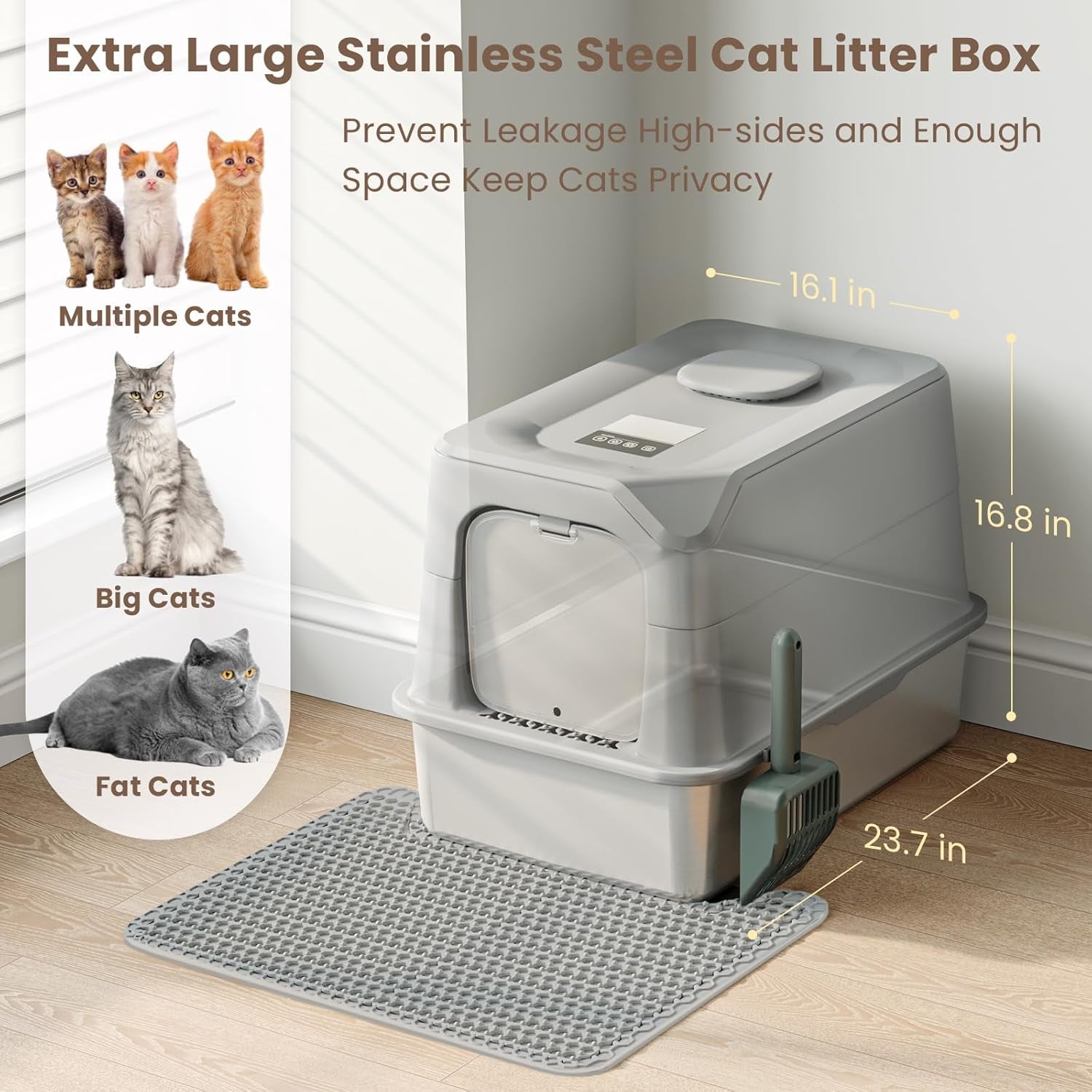 Stainless Steel Litter Box with Odor Removal Smart,Large Cat Litter Box with Lid 23.7"*16.1"*16.8" Covered Metal Litter Tray with Litter Mat and Scoop Enclosure Anti-Leakage Non-Sticky