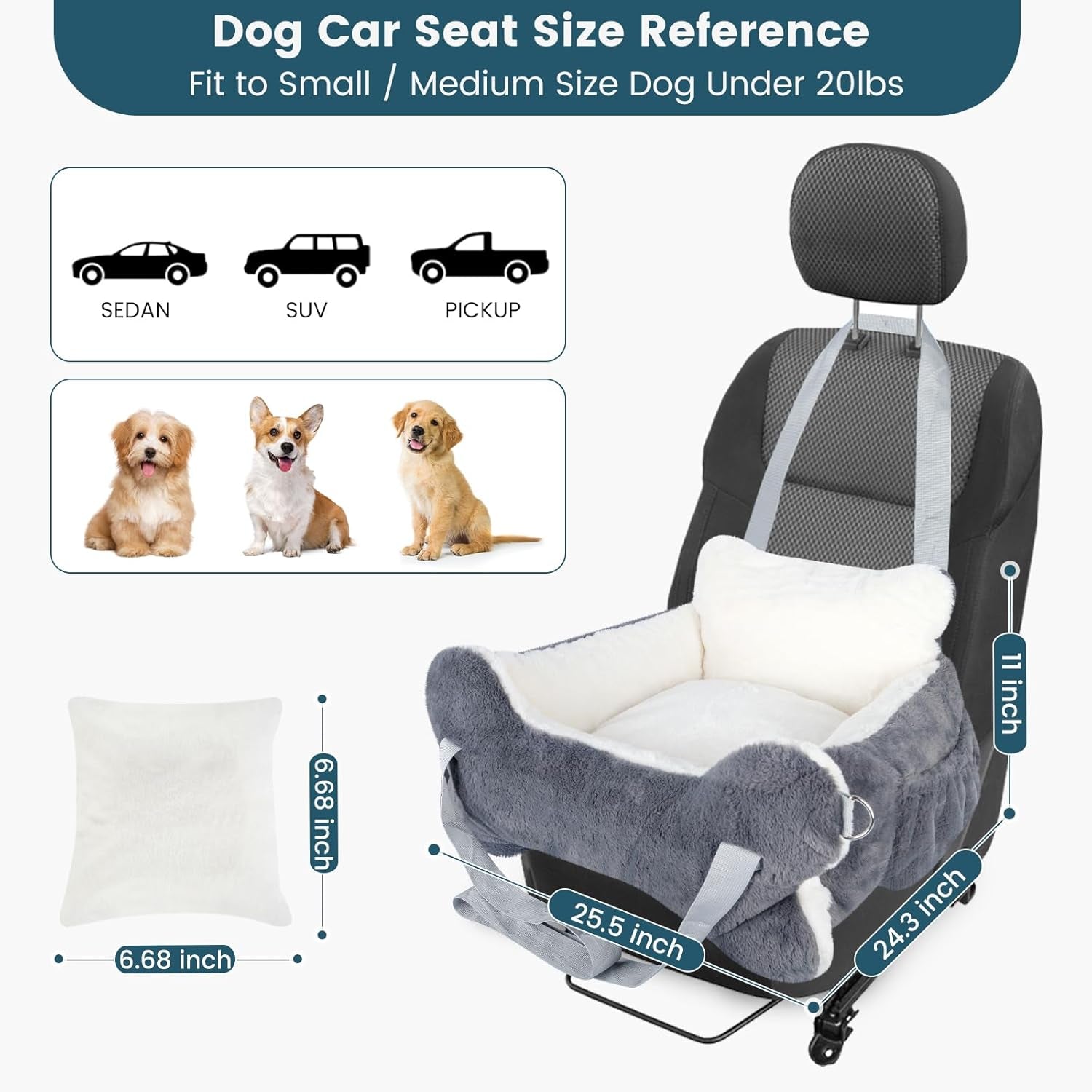 Dog Car Seats for Small Dogs and Cats with Leash, Dog Seat for SUV, Truck with Bone Decor & Plush Cushion, Travel Safety Dog Booster Car Seat with Side Pocket, Washable Detachable Pet Car Seat