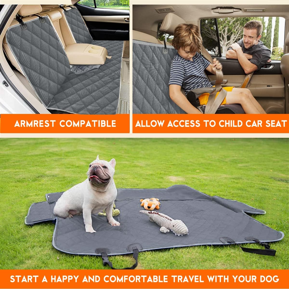 Dog Car Cover for Back Seat Pet Protector Waterproof Bench Car Seat Cover, Nonslip Rear Seat Cover Fits Middle Armrest for Most Cars Trucks Suvs - Grey