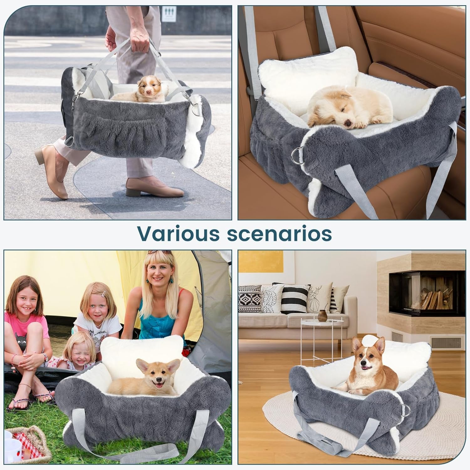 Dog Car Seats for Small Dogs and Cats with Leash, Dog Seat for SUV, Truck with Bone Decor & Plush Cushion, Travel Safety Dog Booster Car Seat with Side Pocket, Washable Detachable Pet Car Seat