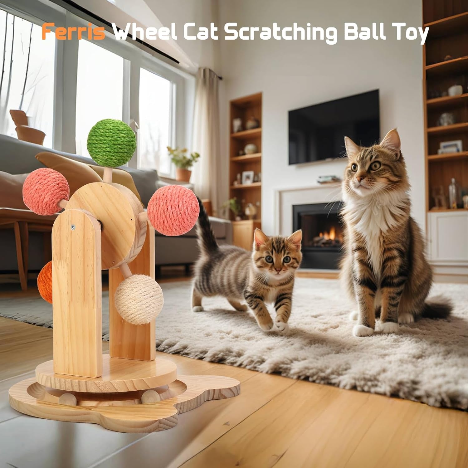 Cat Wheels for Indoor Cat,2-In-1 Cat Toy Ball Track,Interactive Cat Scratching Ball Toy Cat Scratcher Ball Solid Wooden Base