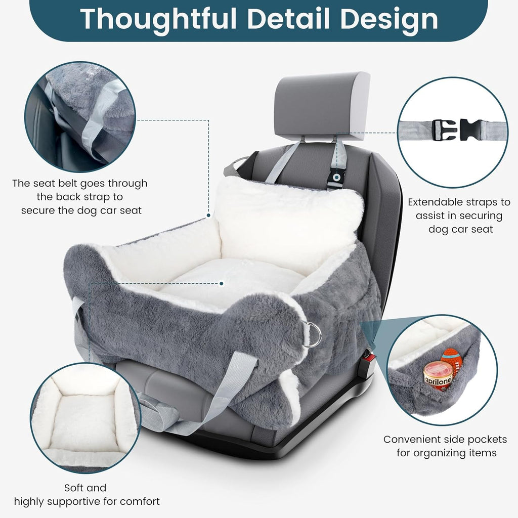 Dog Car Seats for Small Dogs and Cats with Leash, Dog Seat for SUV, Truck with Bone Decor & Plush Cushion, Travel Safety Dog Booster Car Seat with Side Pocket, Washable Detachable Pet Car Seat