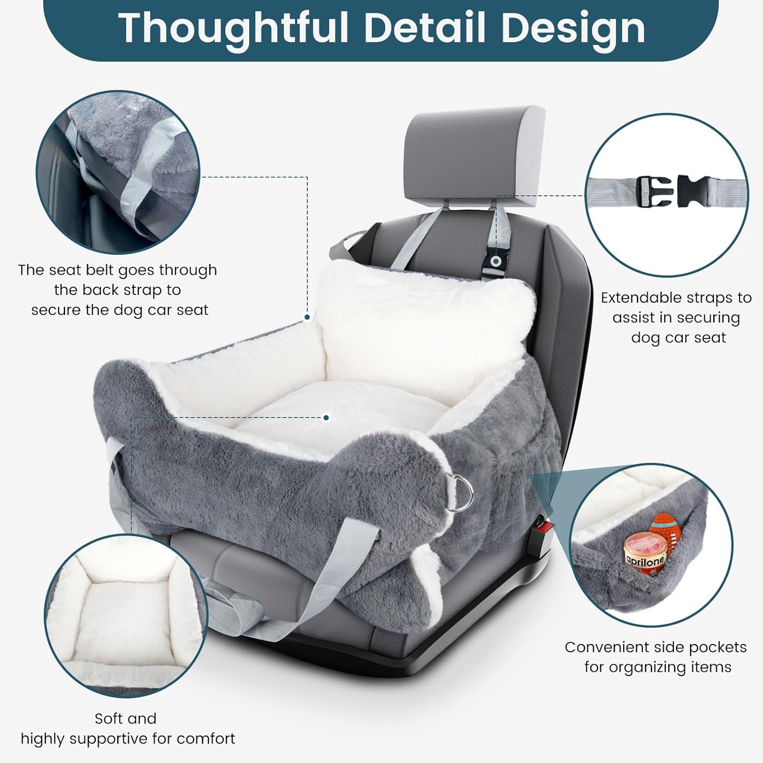 Dog Car Seats for Small Dogs and Cats with Leash, Dog Seat for SUV, Truck with Bone Decor & Plush Cushion, Travel Safety Dog Booster Car Seat with Side Pocket, Washable Detachable Pet Car Seat