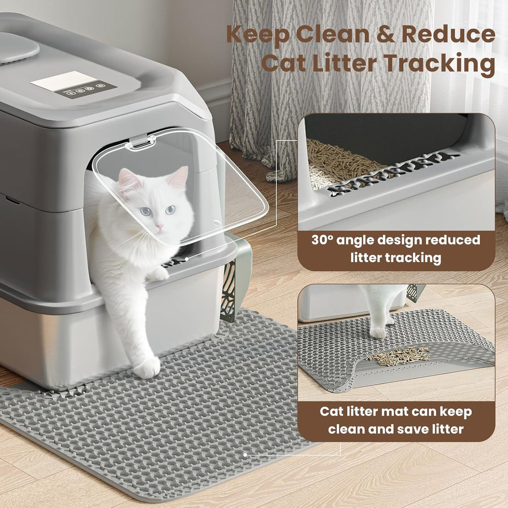 Stainless Steel Litter Box with Odor Removal Smart,Large Cat Litter Box with Lid 23.7"*16.1"*16.8" Covered Metal Litter Tray with Litter Mat and Scoop Enclosure Anti-Leakage Non-Sticky