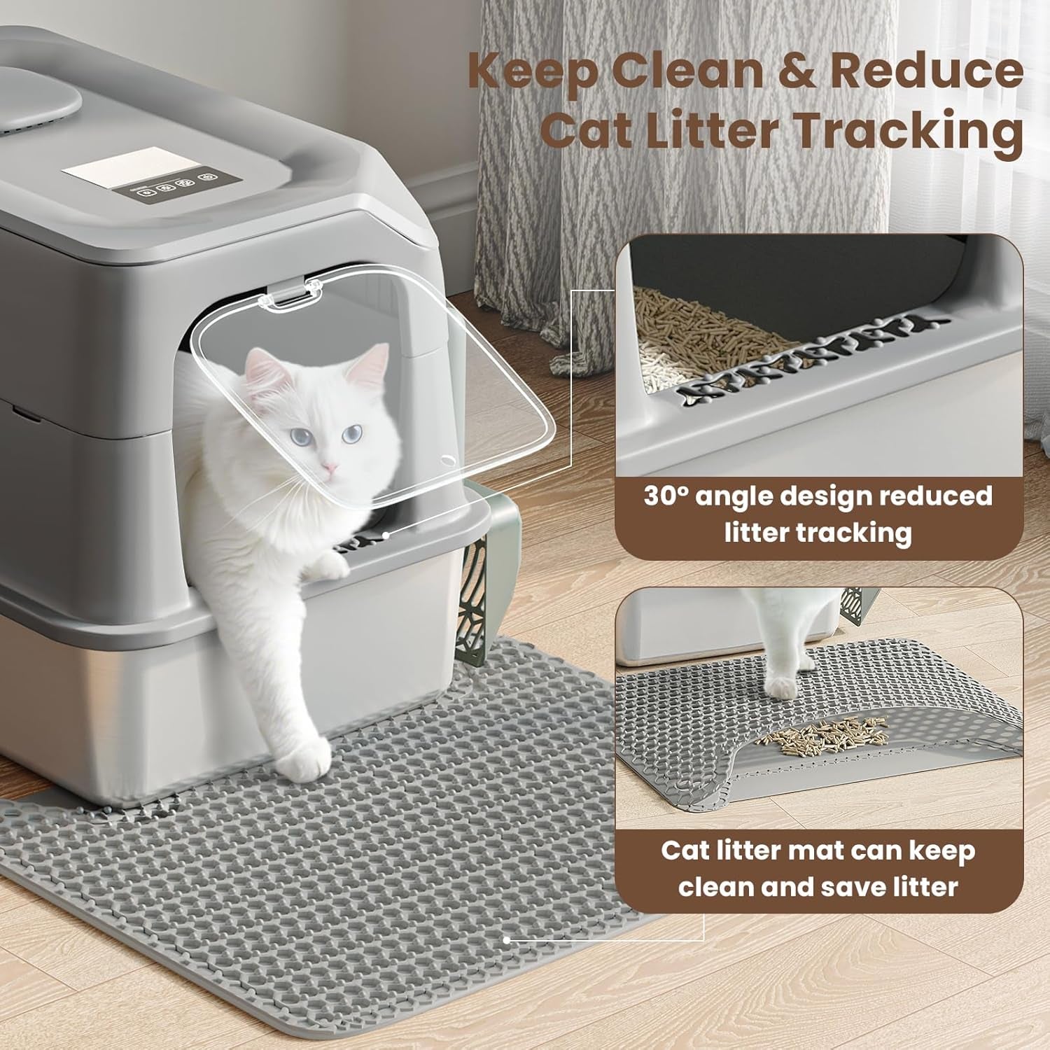 Stainless Steel Litter Box with Odor Removal Smart,Large Cat Litter Box with Lid 23.7"*16.1"*16.8" Covered Metal Litter Tray with Litter Mat and Scoop Enclosure Anti-Leakage Non-Sticky